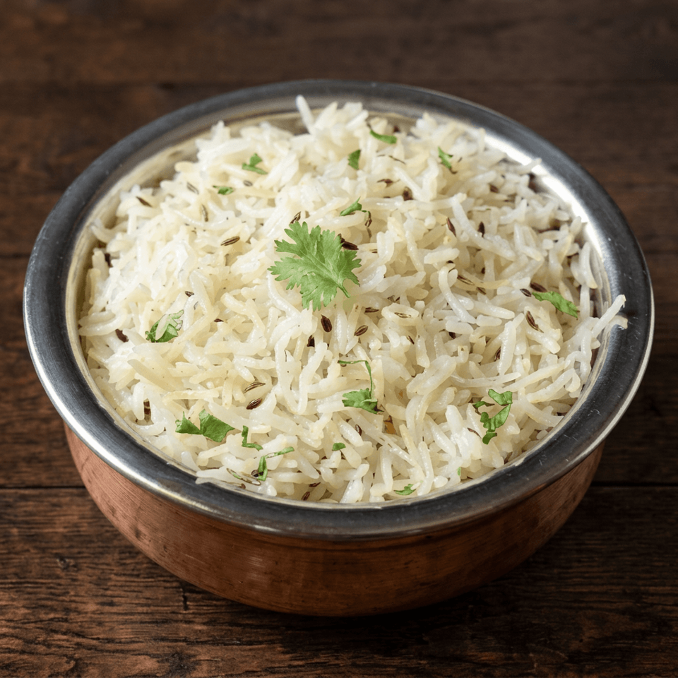 Bowl of fragrant basmati rice garnished with cumin seeds and fresh cilantro on a wooden table.