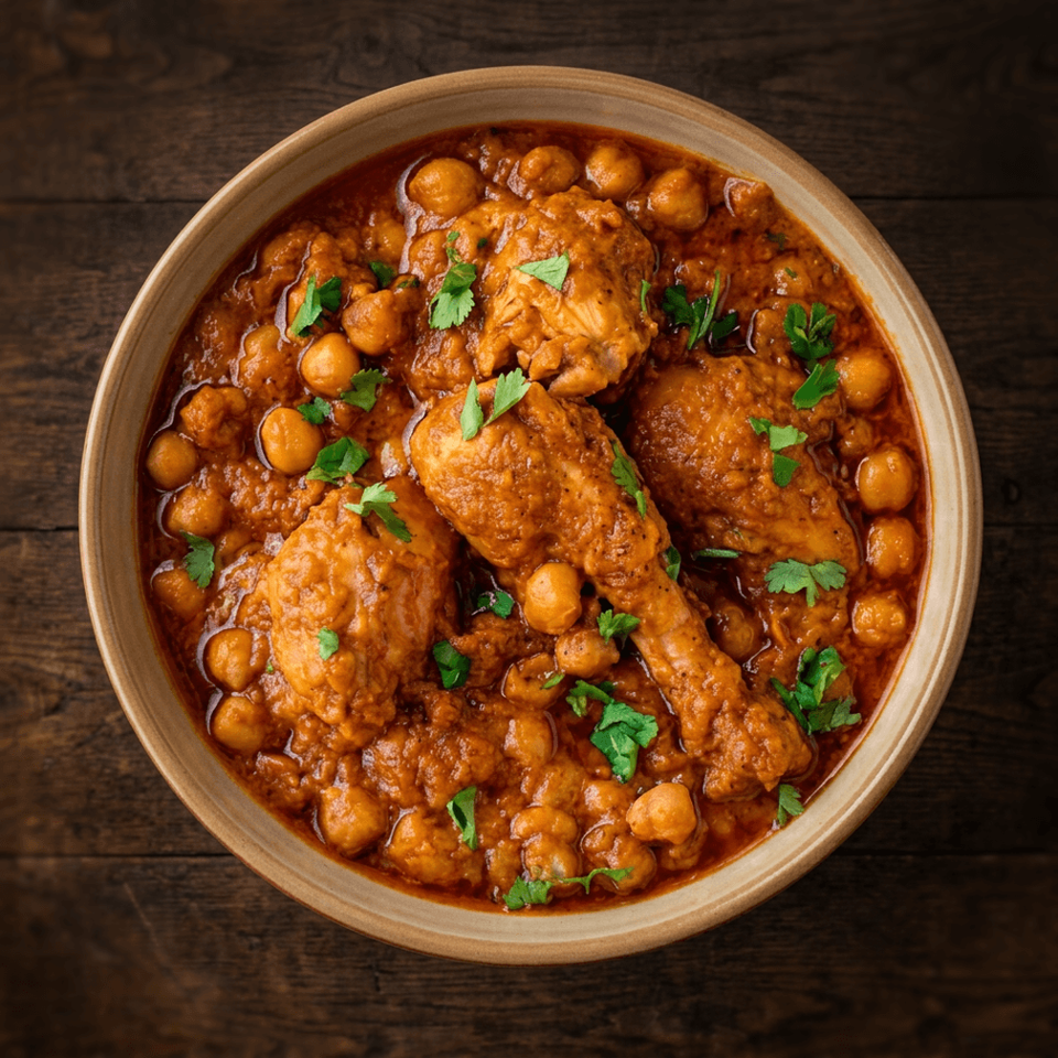 Overhead view of chicken and chickpea curry in a ceramic bowl, garnished with fresh cilantro on a dark wooden table.