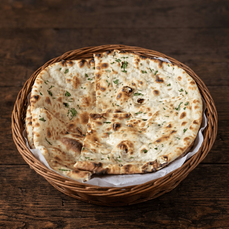 Basket of naan bread sprinkled with chopped herbs, served on a rustic wooden table.