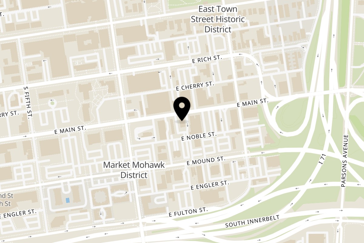 Map showing the location of Sitara Fine Indian Cuisine & Bar on 427 E Main St in Columbus